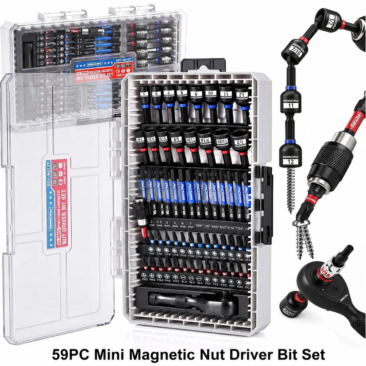 41/59/80-Piece Magnetic Impact Nut Driver Set – SAE & Metric Socket Bits with Adapters, Extensions & Tool Holder