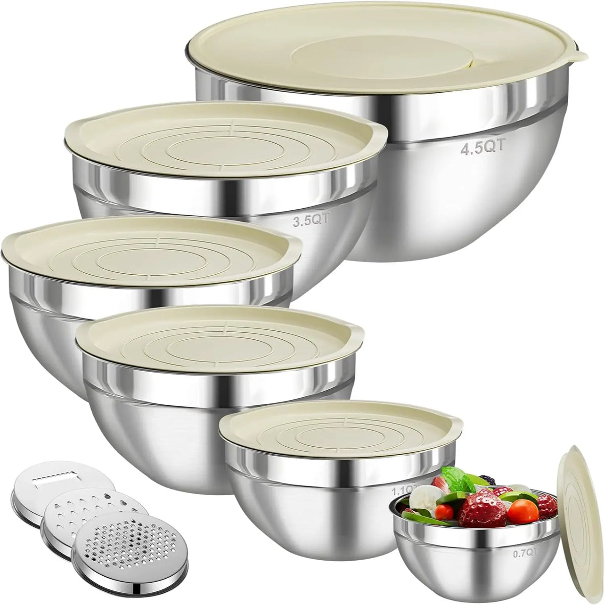 6-Piece Premium Stainless Steel Mixing Bowls with Lids – Space-Saving Nesting Bowls with 3-in-1 Grater Attachments