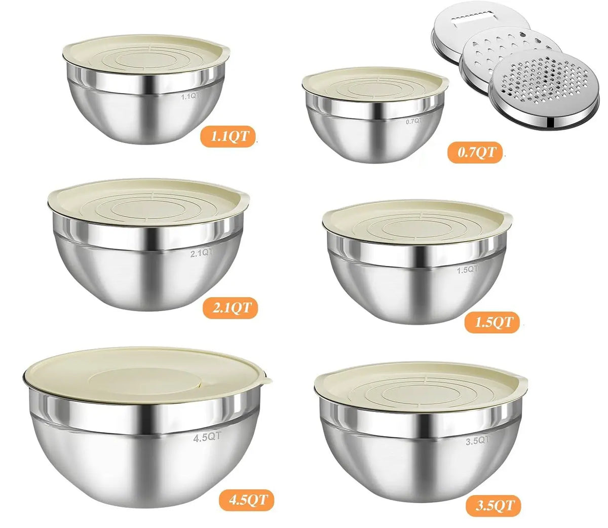 6-Piece Premium Stainless Steel Mixing Bowls with Lids – Space-Saving Nesting Bowls with 3-in-1 Grater Attachments