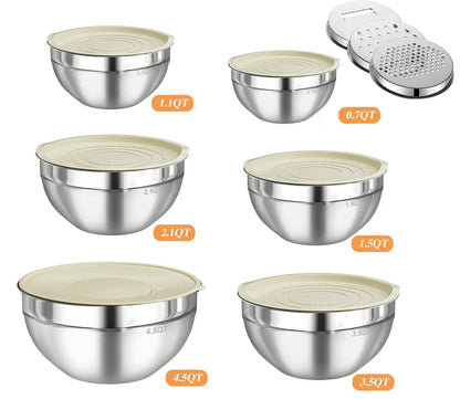 6-Piece Premium Stainless Steel Mixing Bowls with Lids – Space-Saving Nesting Bowls with 3-in-1 Grater Attachments