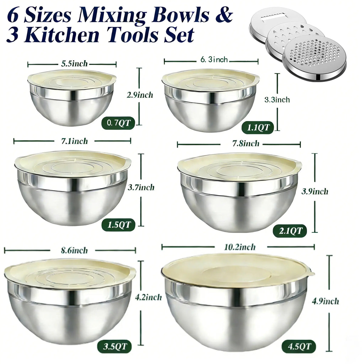 6-Piece Premium Stainless Steel Mixing Bowls with Lids – Space-Saving Nesting Bowls with 3-in-1 Grater Attachments