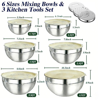 6-Piece Premium Stainless Steel Mixing Bowls with Lids – Space-Saving Nesting Bowls with 3-in-1 Grater Attachments