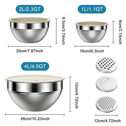 6-Piece Premium Stainless Steel Mixing Bowls with Lids – Space-Saving Nesting Bowls with 3-in-1 Grater Attachments