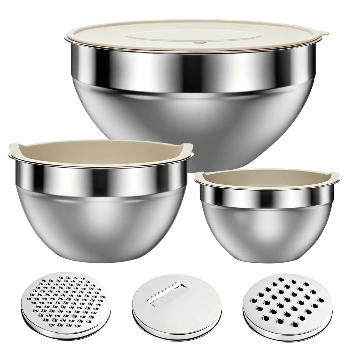 6-Piece Premium Stainless Steel Mixing Bowls with Lids – Space-Saving Nesting Bowls with 3-in-1 Grater Attachments