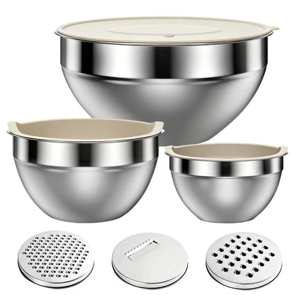 6-Piece Premium Stainless Steel Mixing Bowls with Lids – Space-Saving Nesting Bowls with 3-in-1 Grater Attachments
