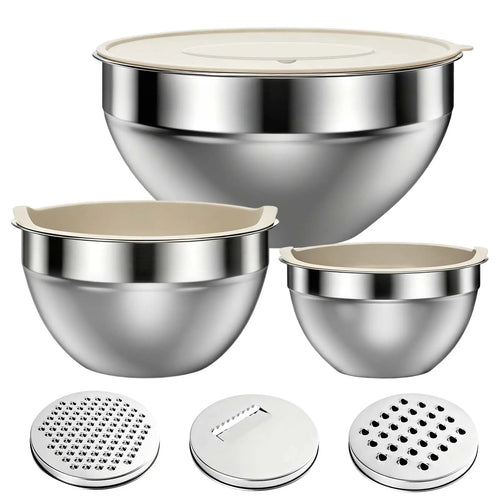 6-Piece Premium Stainless Steel Mixing Bowls with Lids – Space-Saving Nesting Bowls with 3-in-1 Grater Attachments
