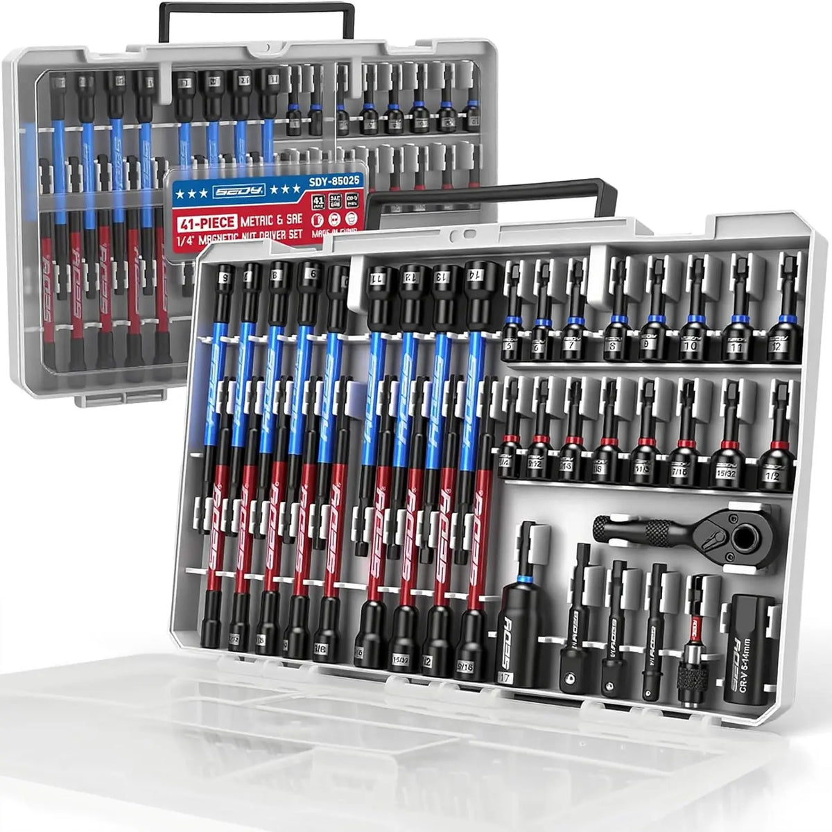 41/59/80-Piece Magnetic Impact Nut Driver Set – SAE & Metric Socket Bits with Adapters, Extensions & Tool Holder