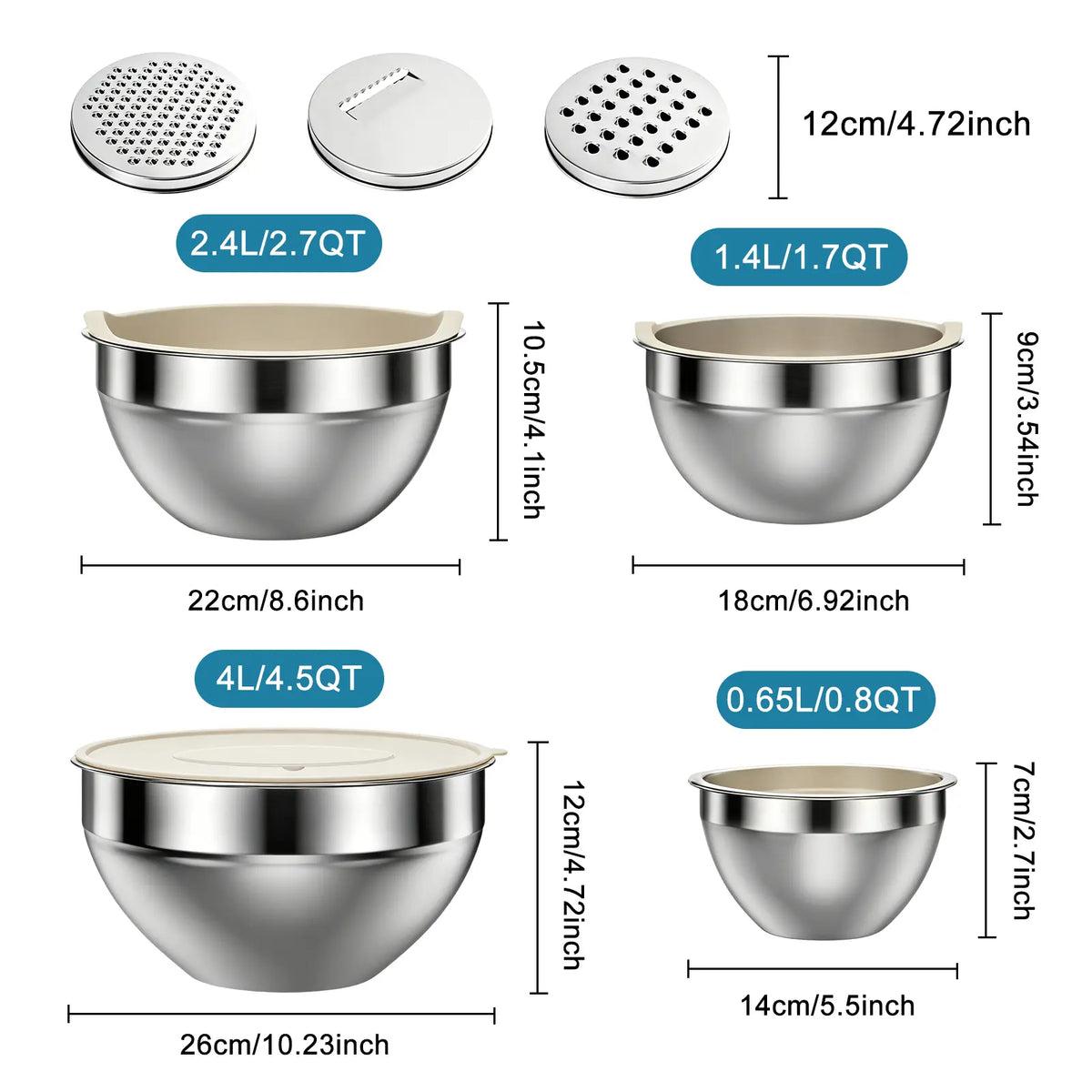 6-Piece Premium Stainless Steel Mixing Bowls with Lids – Space-Saving Nesting Bowls with 3-in-1 Grater Attachments