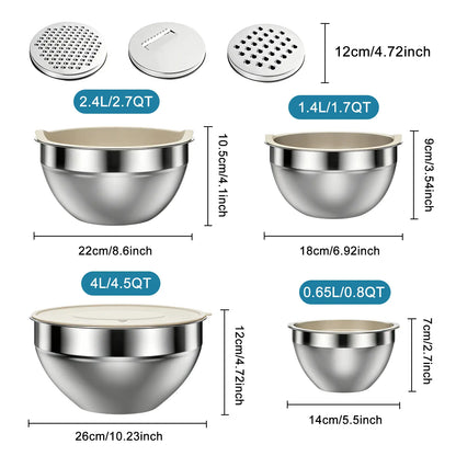 6-Piece Premium Stainless Steel Mixing Bowls with Lids – Space-Saving Nesting Bowls with 3-in-1 Grater Attachments