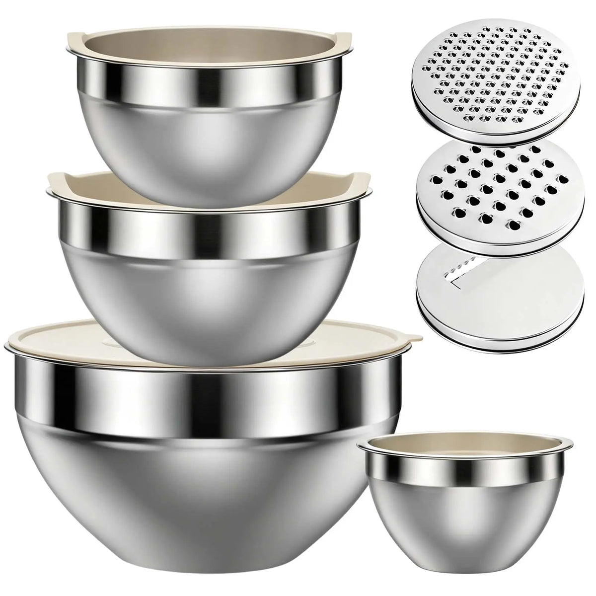 6-Piece Premium Stainless Steel Mixing Bowls with Lids – Space-Saving Nesting Bowls with 3-in-1 Grater Attachments