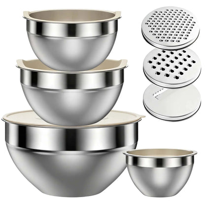 6-Piece Premium Stainless Steel Mixing Bowls with Lids – Space-Saving Nesting Bowls with 3-in-1 Grater Attachments