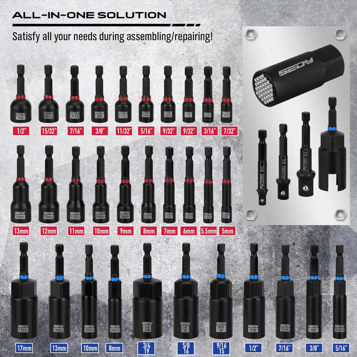41/59/80-Piece Magnetic Impact Nut Driver Set – SAE & Metric Socket Bits with Adapters, Extensions & Tool Holder