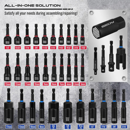 41/59/80-Piece Magnetic Impact Nut Driver Set – SAE & Metric Socket Bits with Adapters, Extensions & Tool Holder