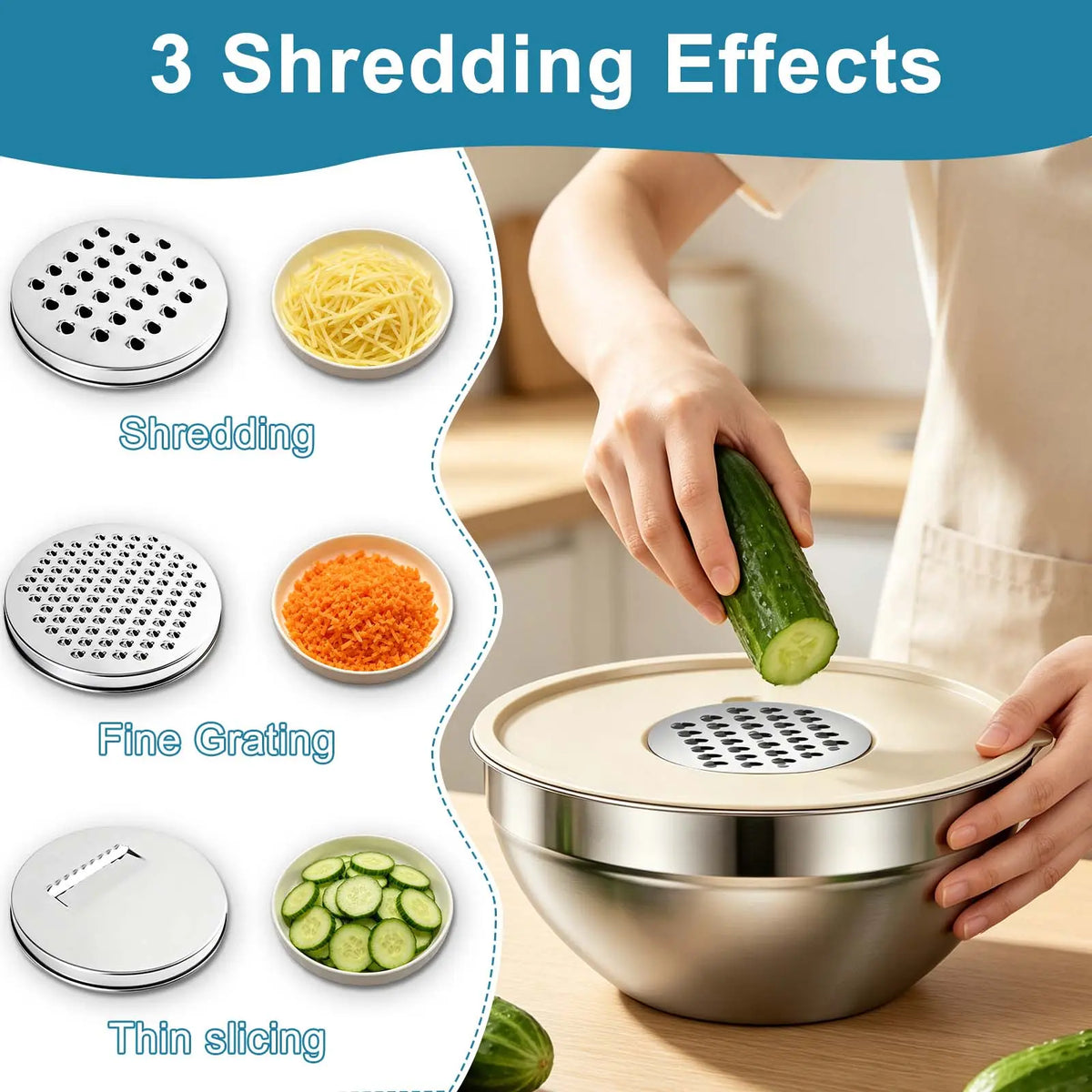 6-Piece Premium Stainless Steel Mixing Bowls with Lids – Space-Saving Nesting Bowls with 3-in-1 Grater Attachments