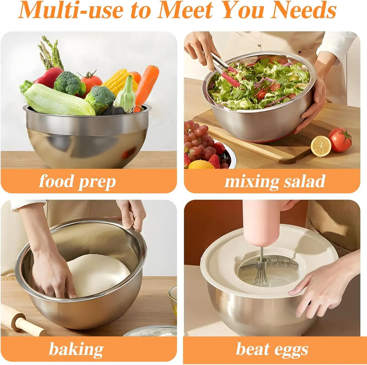 6-Piece Premium Stainless Steel Mixing Bowls with Lids – Space-Saving Nesting Bowls with 3-in-1 Grater Attachments