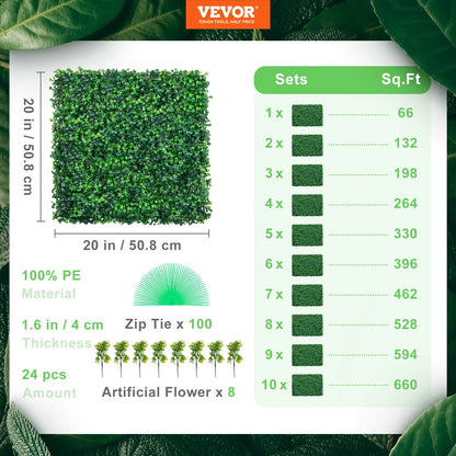 Artificial Boxwood Panels, 24 PCS 20"x20" Faux Boxwood Hedge Wall for Indoor & Outdoor Garden Fence, Backyard & Home Decor