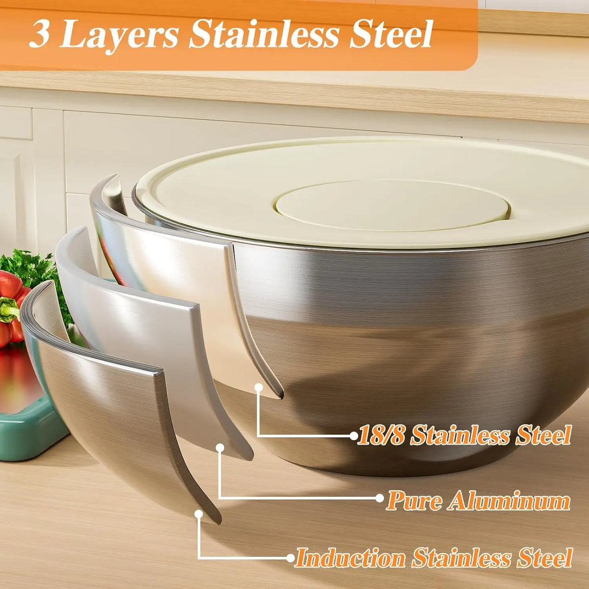 6-Piece Premium Stainless Steel Mixing Bowls with Lids – Space-Saving Nesting Bowls with 3-in-1 Grater Attachments