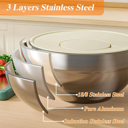 6-Piece Premium Stainless Steel Mixing Bowls with Lids – Space-Saving Nesting Bowls with 3-in-1 Grater Attachments