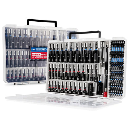 41/59/80-Piece Magnetic Impact Nut Driver Set – SAE & Metric Socket Bits with Adapters, Extensions & Tool Holder