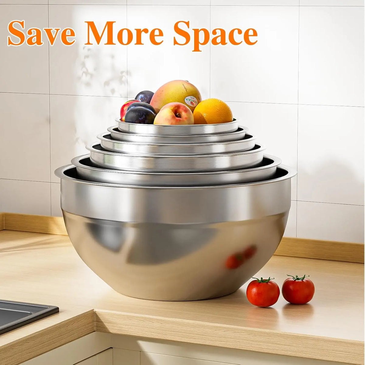 6-Piece Premium Stainless Steel Mixing Bowls with Lids – Space-Saving Nesting Bowls with 3-in-1 Grater Attachments