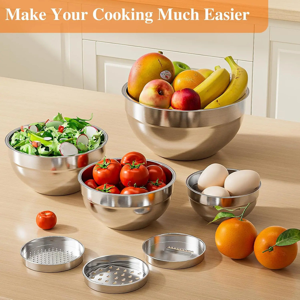 6-Piece Premium Stainless Steel Mixing Bowls with Lids – Space-Saving Nesting Bowls with 3-in-1 Grater Attachments